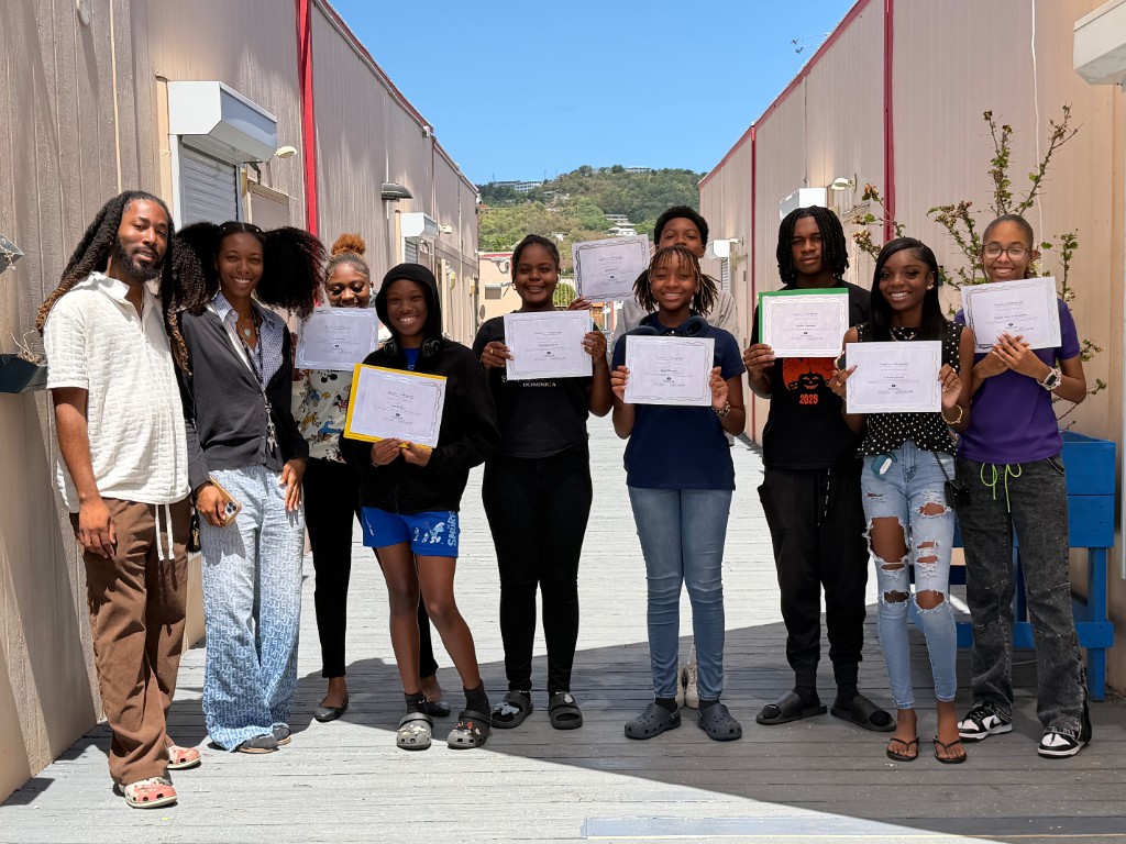 USVI Department of Labor Youth Workforce Development program — camp participants with completion certificates, St. Thomas USVI